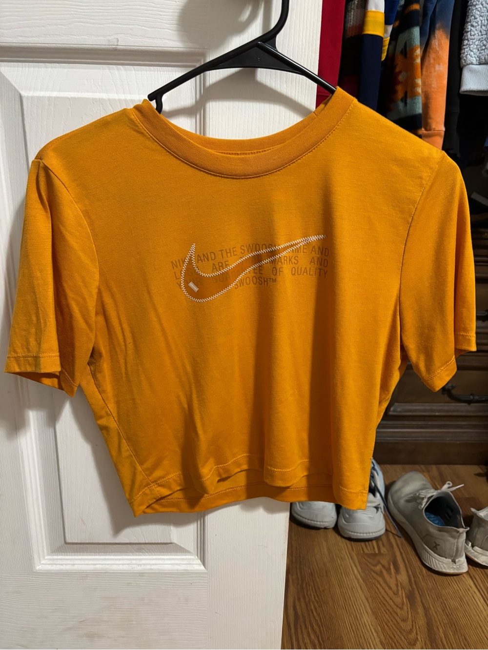 Nike Mustard Yellow Cropped Tee with Reflective Swoosh